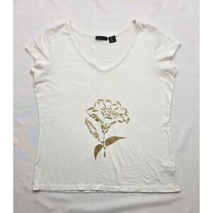Tahari Women's 122741 White Cap Sleeve T-Shirt w Glitter Flower Print. Size L